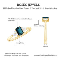 Emerald cut London Blue Topaz engagement ring with diamond trio accent, featuring a rose gold band from Rosec Jewels.