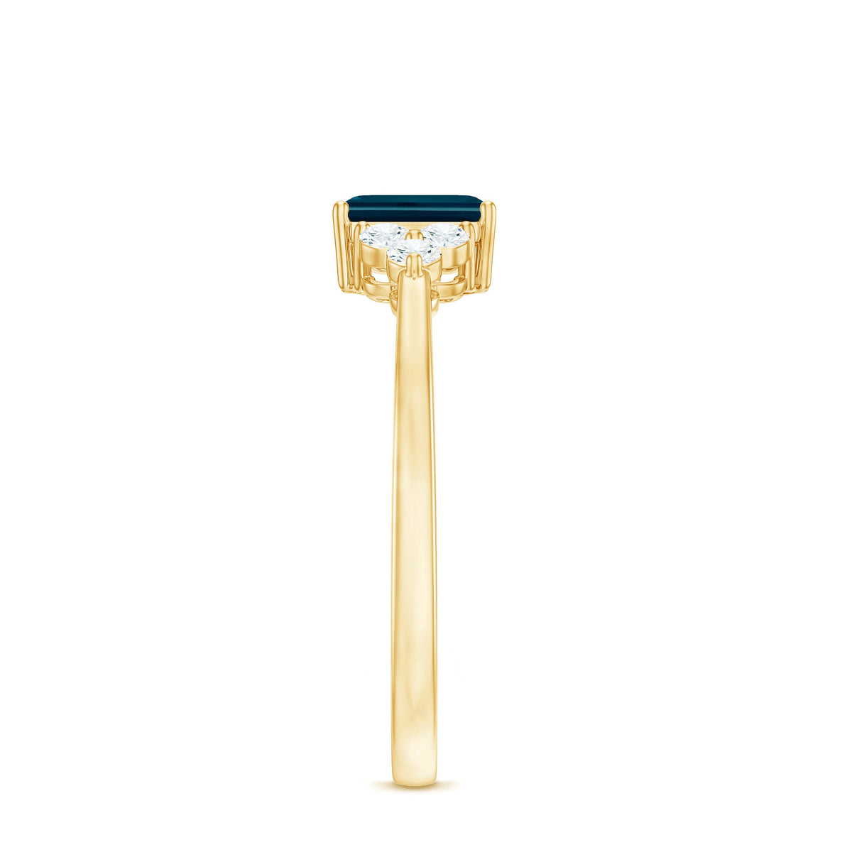 Emerald cut London Blue Topaz engagement ring by Rosec Jewels with a diamond trio accent and elegant setting.