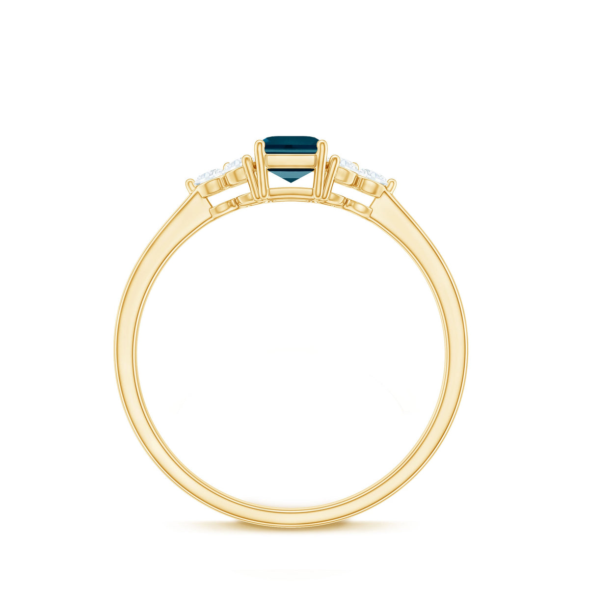 Emerald cut London Blue Topaz engagement ring with diamond trio accents by Rosec Jewels, showcasing a silver band and elegant design.