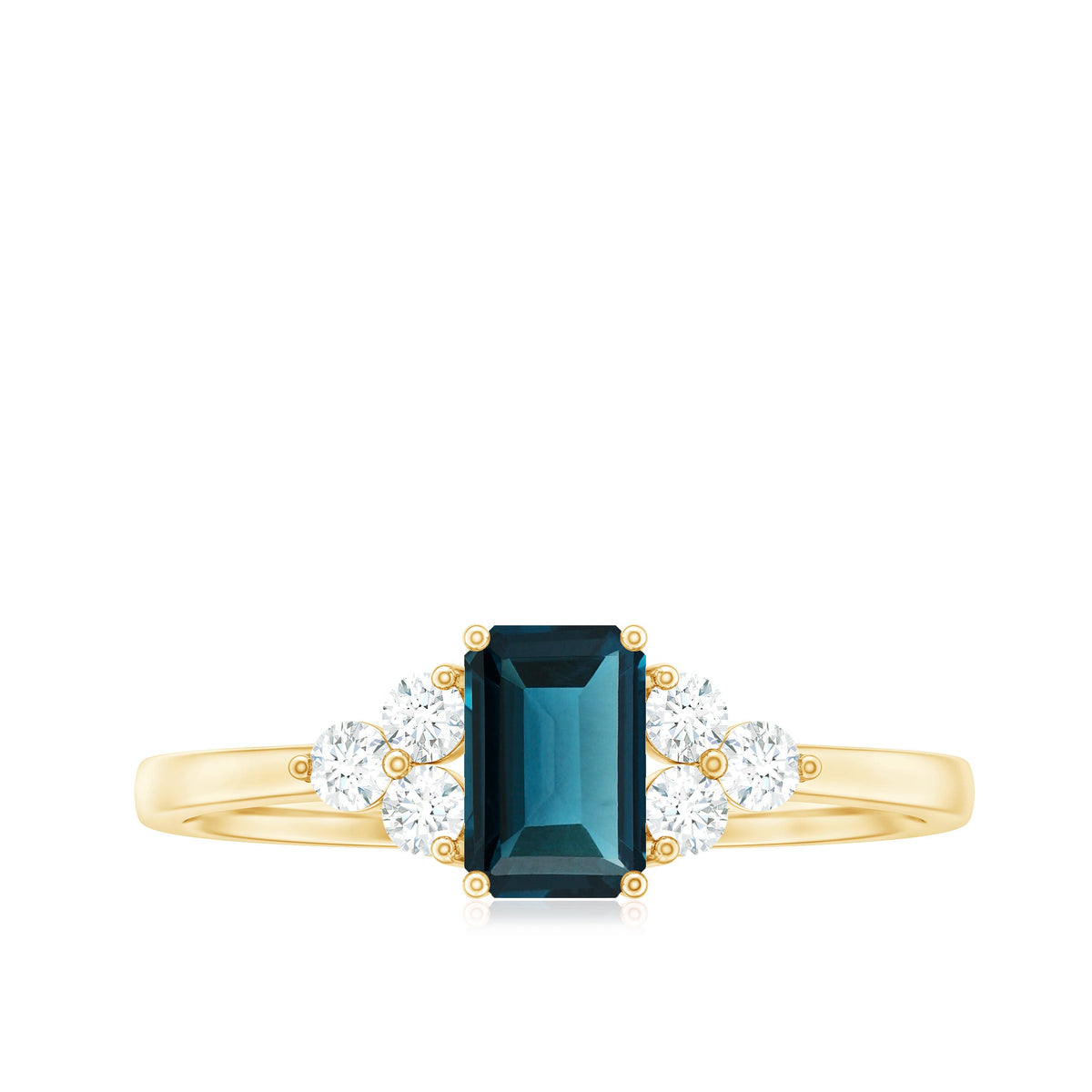 Rosec Jewels emerald cut London blue topaz engagement ring with diamond trio, showcasing a stunning blue gemstone and sparkling side diamonds.