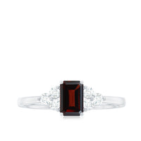 Certified Natural Garnet Emerald Cut Engagement Ring With Diamond Trio