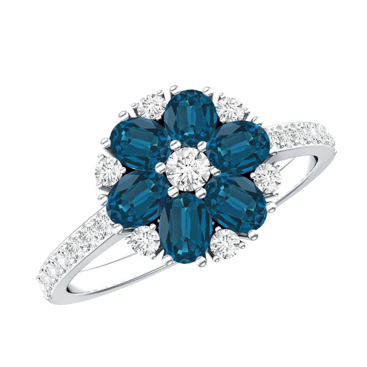 Natural London Blue Topaz Flower Engagement Ring with Diamond