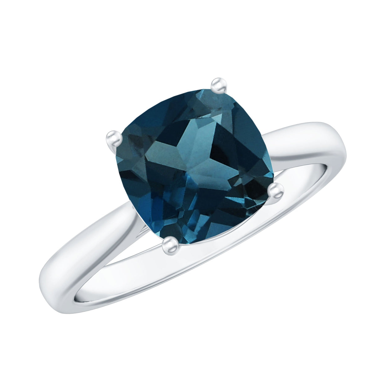 Solitaire cushion cut London Blue Topaz cathedral engagement ring by Rosec Jewels, featuring a large blue gemstone and elegant band.