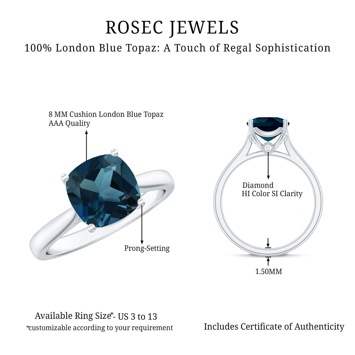 Solitaire cushion cut London Blue Topaz engagement ring by Rosec Jewels featuring a cathedral setting and sterling silver band.