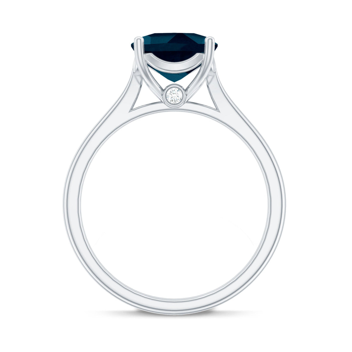 Solitaire cushion cut London Blue Topaz cathedral engagement ring by Rosec Jewels, featuring a central blue topaz gemstone and elegant setting.
