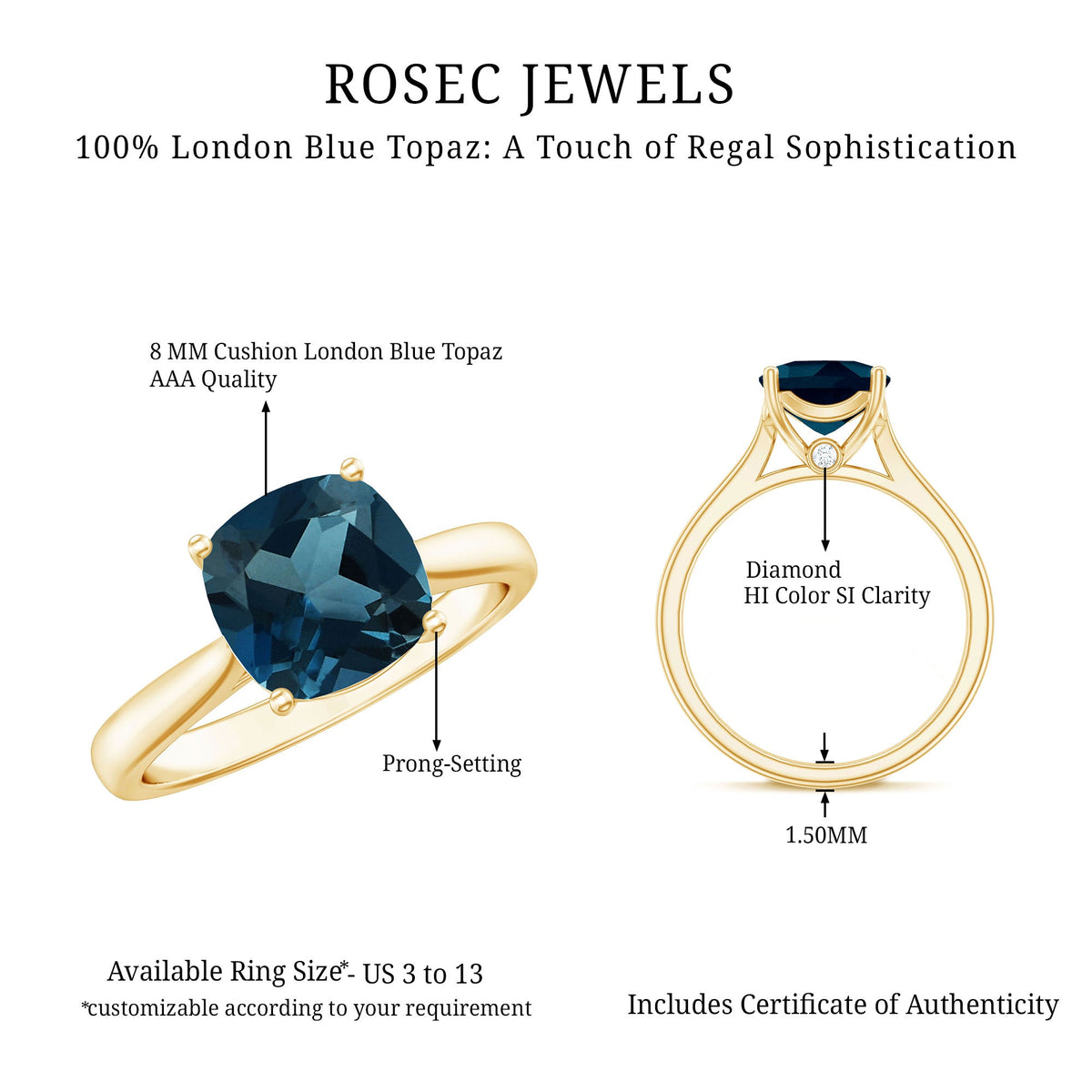 Solitaire cushion cut London Blue Topaz cathedral engagement ring by Rosec Jewels featuring a prominent blue gemstone and elegant band design.