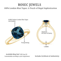 Solitaire cushion cut London Blue Topaz cathedral engagement ring by Rosec Jewels featuring a prominent blue gemstone and elegant band design.