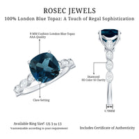 Vintage engagement ring by Rosec Jewels featuring a cushion cut London Blue Topaz center stone with accent diamonds.