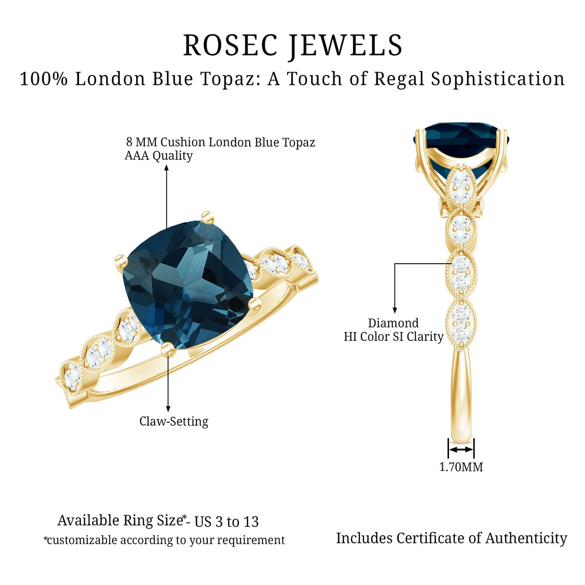 Vintage engagement ring featuring a cushion cut London Blue Topaz and diamonds, crafted by Rosec Jewels.