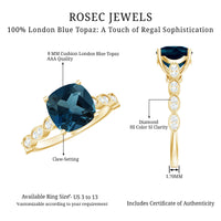 Vintage engagement ring featuring a cushion cut London Blue Topaz and diamonds, crafted by Rosec Jewels.