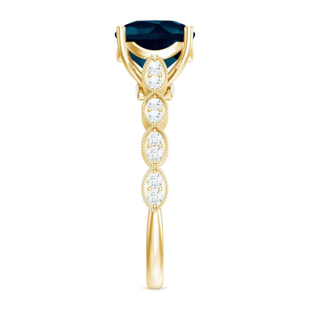 Vintage engagement ring featuring a cushion cut London Blue Topaz with surrounding diamonds, crafted by Rosec Jewels.