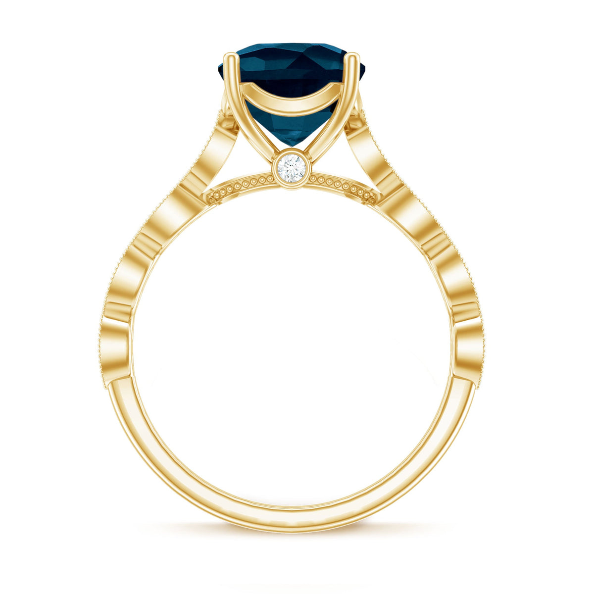 Vintage engagement ring featuring a cushion cut London Blue Topaz gemstone and sparkling diamonds, set in a detailed Rosec Jewels ring.