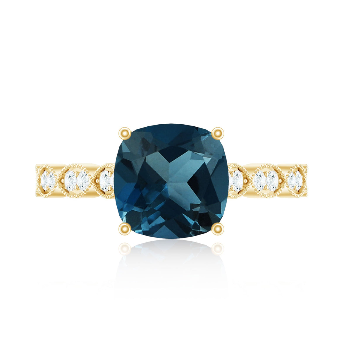 Vintage engagement ring featuring a cushion cut London Blue Topaz with diamond accents, set in a Rosec Jewels ring.