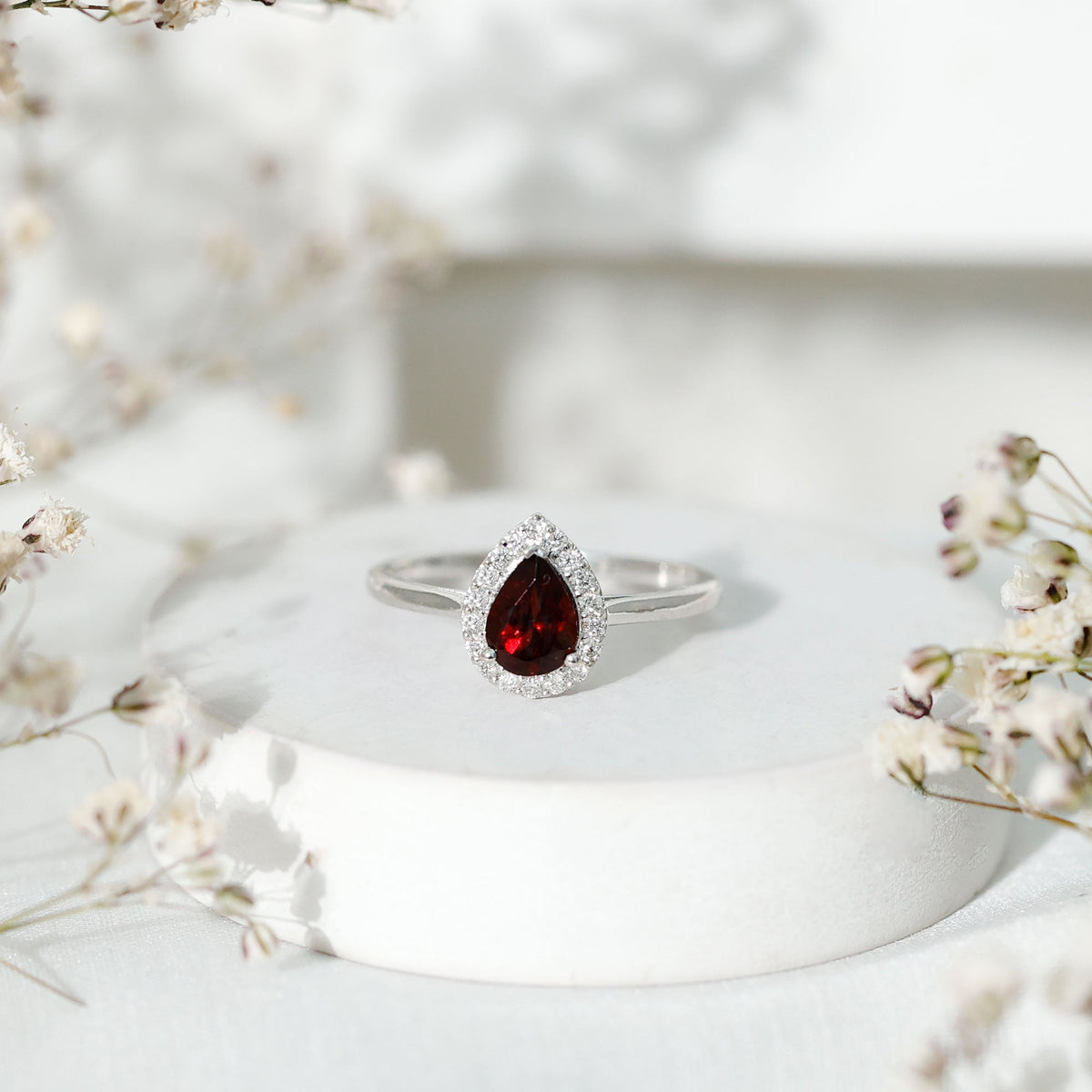 Classic Garnet Teardrop Engagement Ring with Diamond Halo