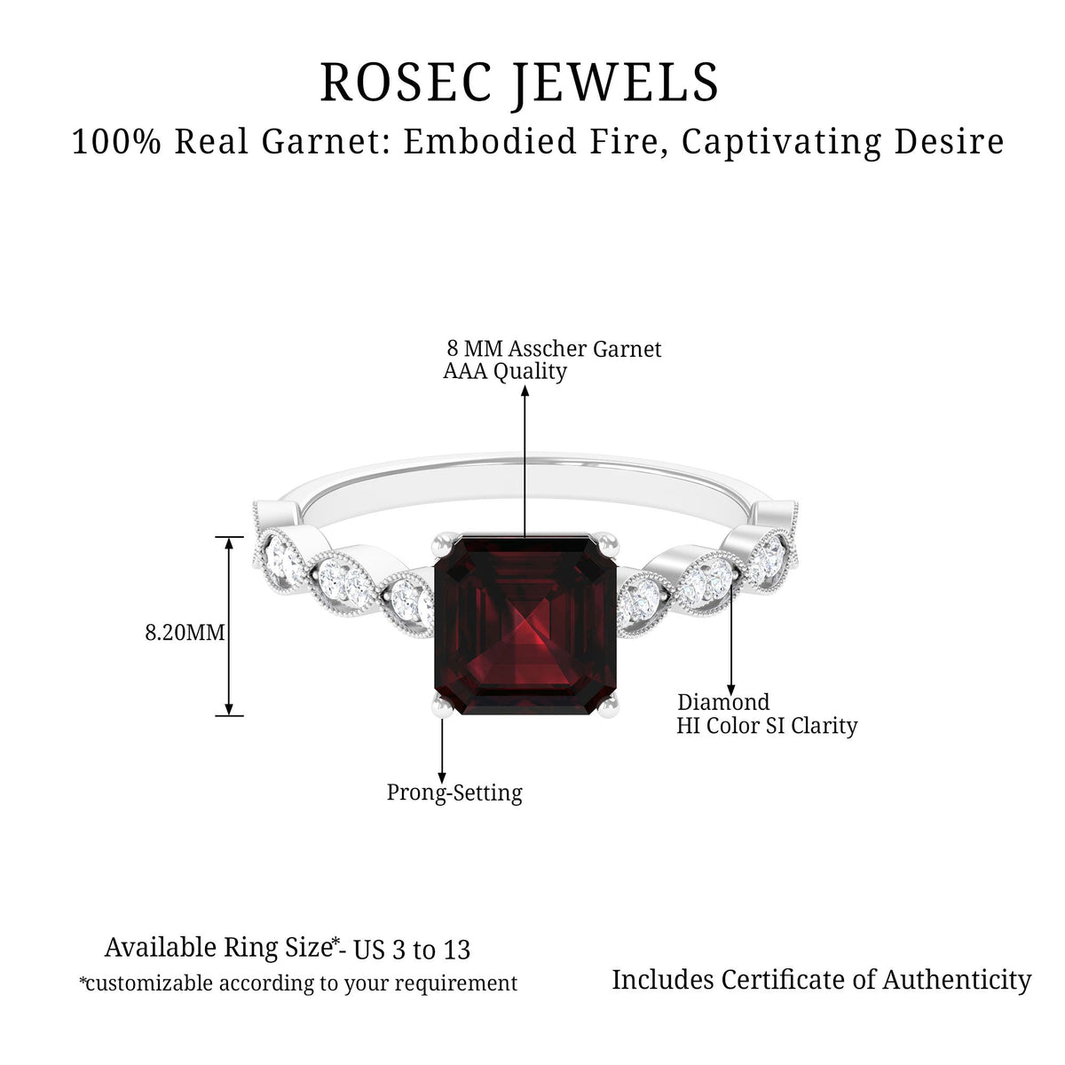 Natural 3.3 Carat Garnet Asscher Cut Engagement Ring with Diamond