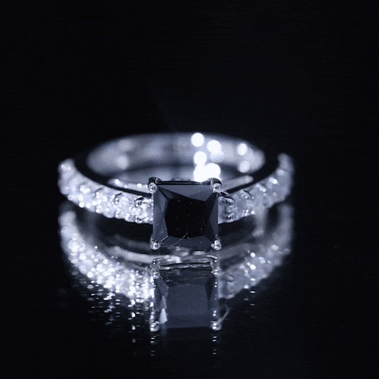 Yellow gold lab grown black diamond princess cut engagement ring with moissanite by Rosec Jewels
