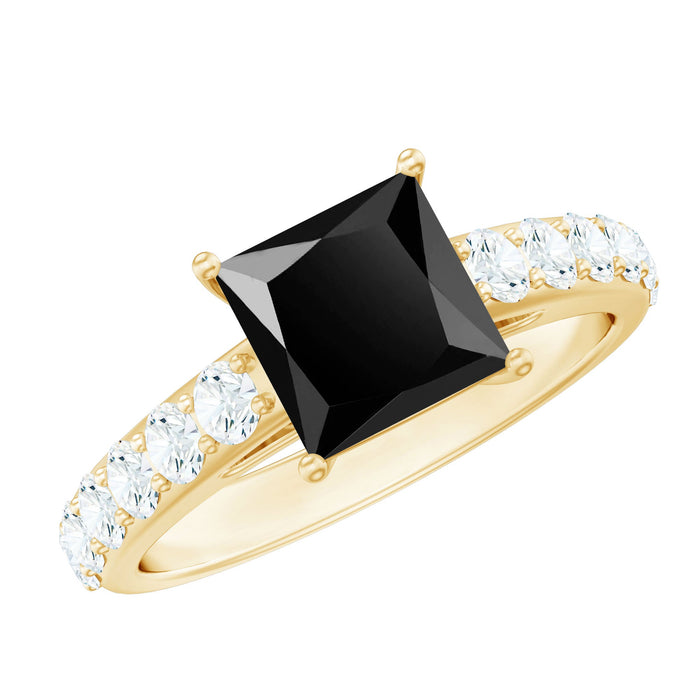 Black diamond princess cut engagement ring with moissanite set in a Rosec Jewels ring, showcasing sparkling gemstones and elegant design.