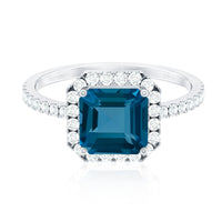 3 Carat Asscher Cut London Blue Topaz Vintage Engagement Ring with Diamond Halo