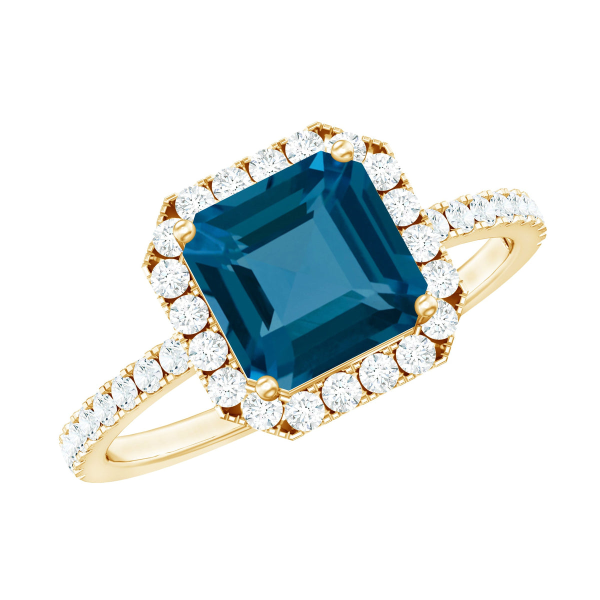 3 Carat Asscher Cut London Blue Topaz Vintage Engagement Ring with Diamond Halo