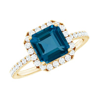 3 Carat Asscher Cut London Blue Topaz Vintage Engagement Ring with Diamond Halo