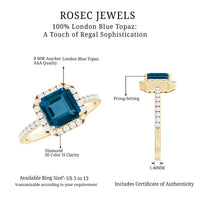 3 Carat Asscher Cut London Blue Topaz Vintage Engagement Ring with Diamond Halo