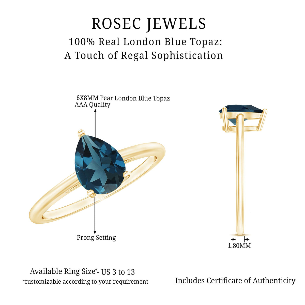 Pear-shaped 1 Carat London Blue Topaz engagement ring by Rosec Jewels, featuring a stunning blue gemstone set in a silver band.