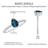 Pear-shaped London Blue Topaz solitaire ring with silver band, featuring a vibrant blue gemstone set in a simple, elegant design.