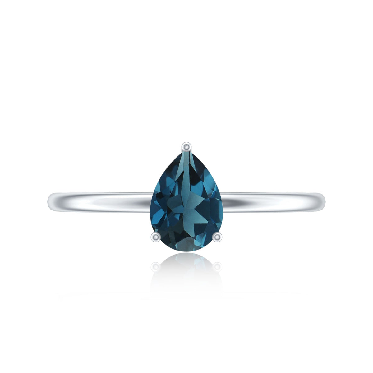 Pear-shaped London Blue Topaz solitaire ring with a silver band, featuring a vibrant 5x7mm gemstone.