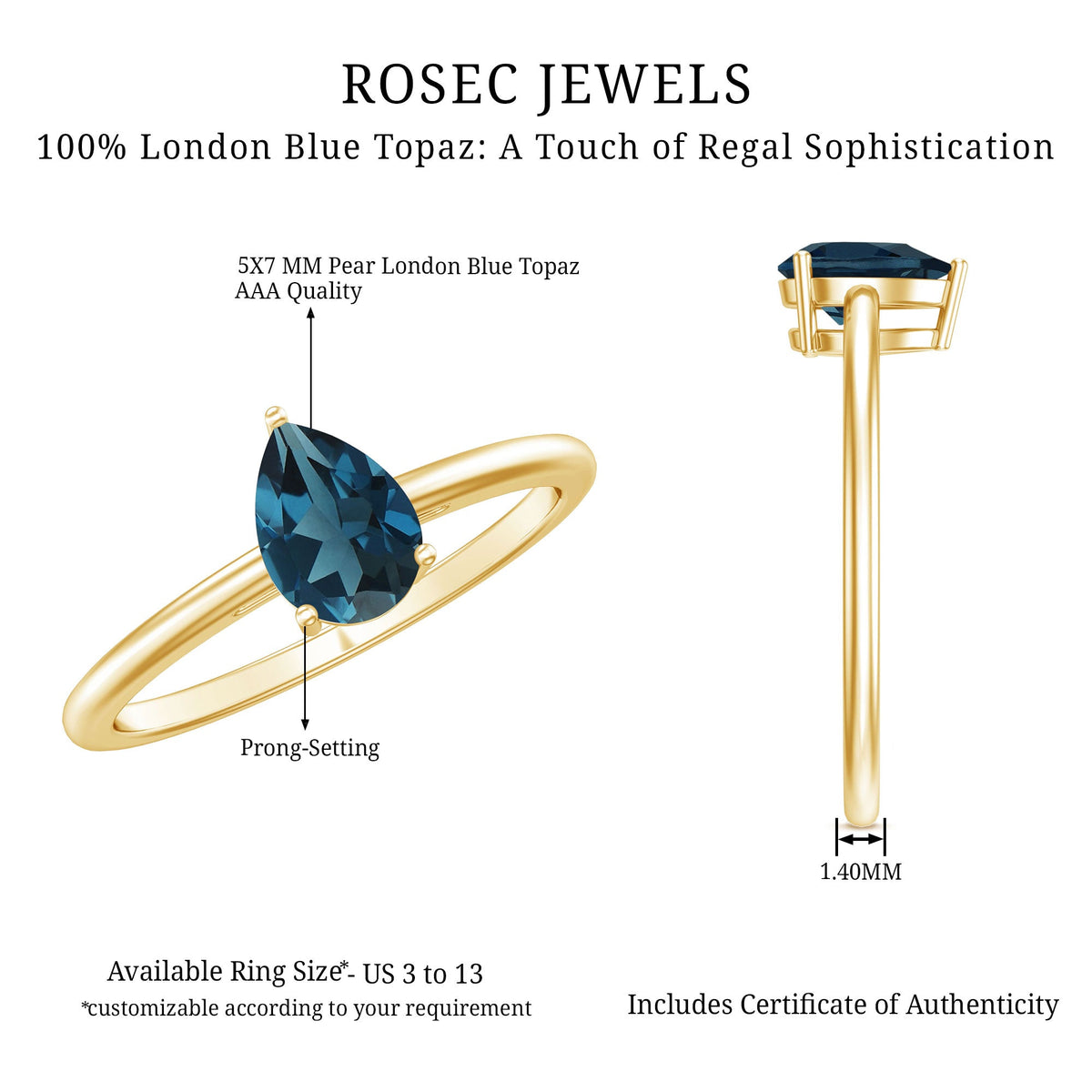 Pear-shaped London Blue Topaz solitaire ring with rose gold band, showcasing a sparkling blue gemstone in a fine jewelry setting