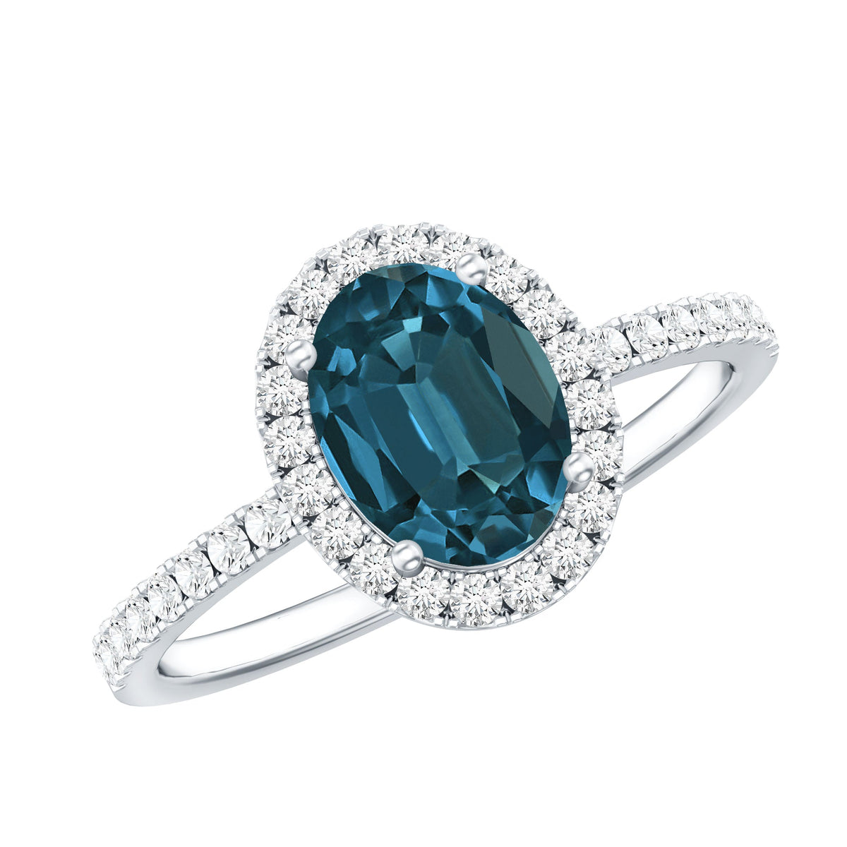 Oval cut London Blue Topaz engagement ring with diamond halo, featuring a classic design by Rosec Jewels.