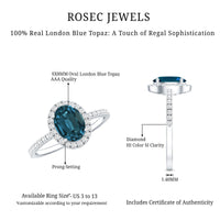 Oval cut London Blue Topaz engagement ring with diamond halo and Rosec Jewels branding, showcasing the elegant design and sparkling stones.