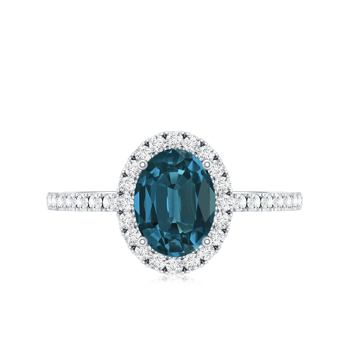 Oval cut London Blue Topaz engagement ring with diamond halo, featuring a classic design and rose gold band by Rosec Jewels.