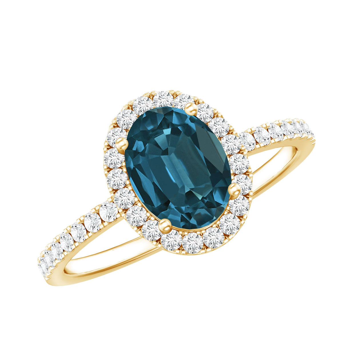 Oval cut London Blue Topaz engagement ring with diamond halo, classic style by Rosec Jewels, featuring a 1-carat gemstone and intricate design.
