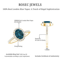 Oval cut London Blue Topaz engagement ring with diamond halo, set in a classic design by Rosec Jewels.
