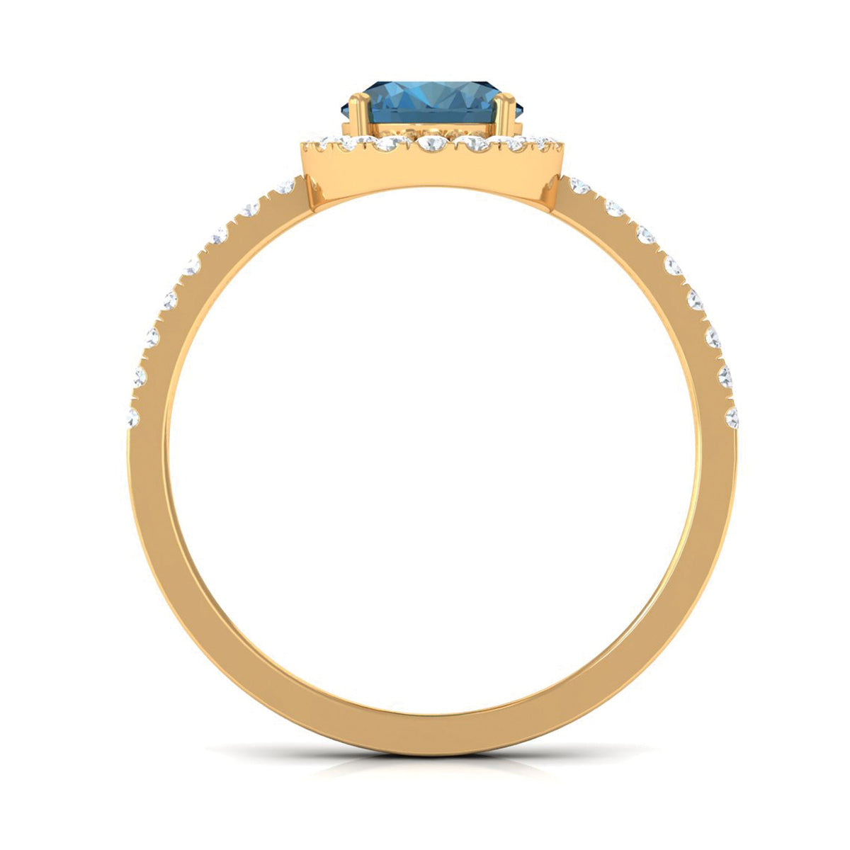 Oval cut London Blue Topaz engagement ring with diamond halo by Rosec Jewels, showcasing the elegant gemstone and intricate band design.