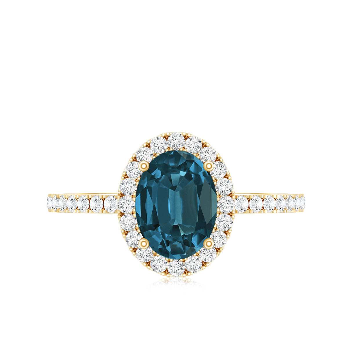 Oval cut London Blue Topaz engagement ring with diamond halo by Rosec Jewels, showcasing the elegant gemstone and intricate design.