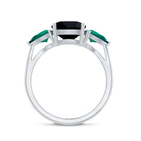 2.8 Carat Certified Lab Grown Black Diamond 3 Stone Engagement Ring with Emerald