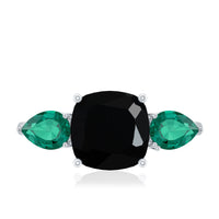 2.8 Carat Certified Lab Grown Black Diamond 3 Stone Engagement Ring with Emerald