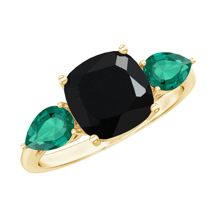 Rosec Jewels 2.8 carat lab-grown black diamond three-stone engagement ring with emerald accents, showcasing elegant jewelry design.
