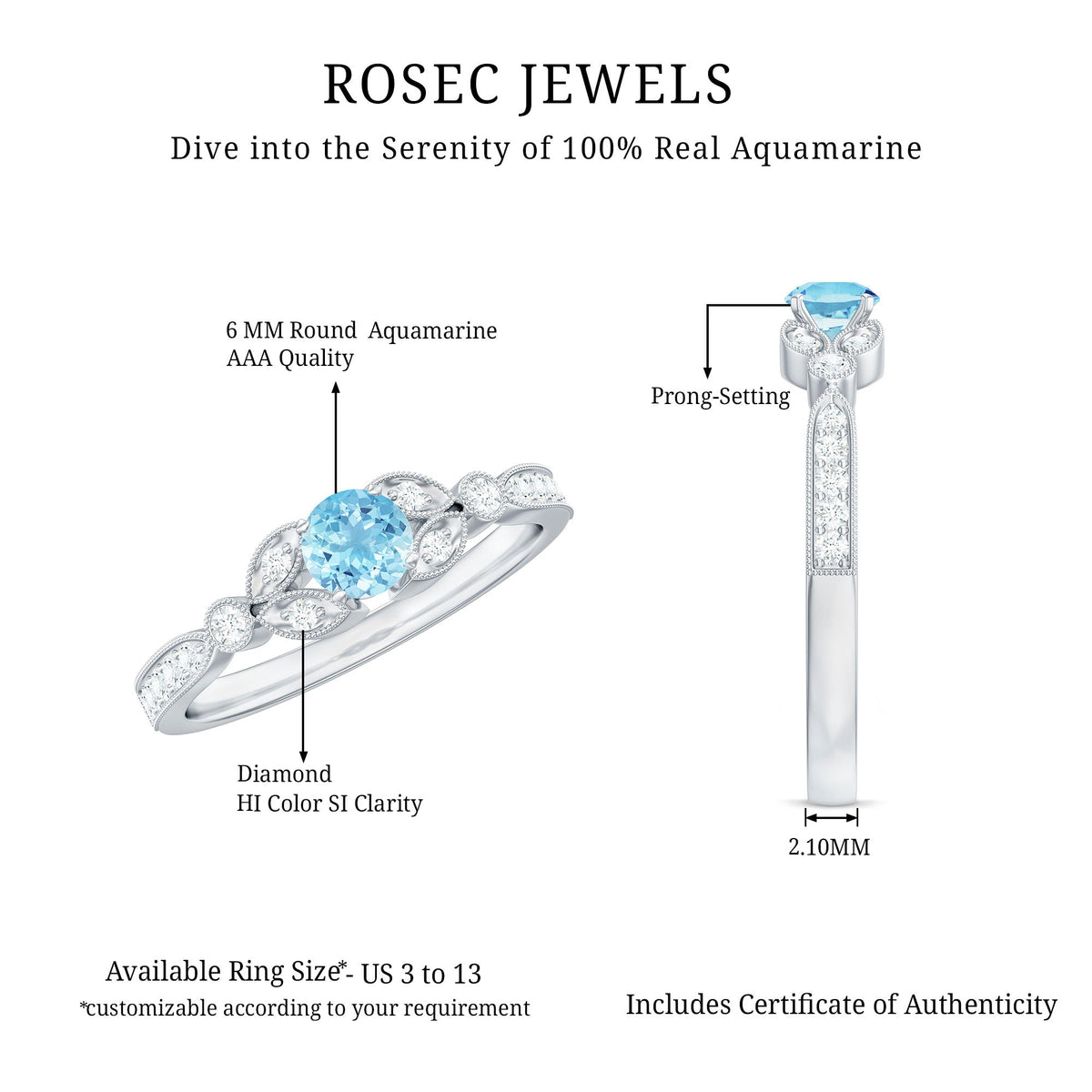 Natural aquamarine diamond engagement ring by Rosec Jewels featuring a central aquamarine gemstone and sparkling diamonds.