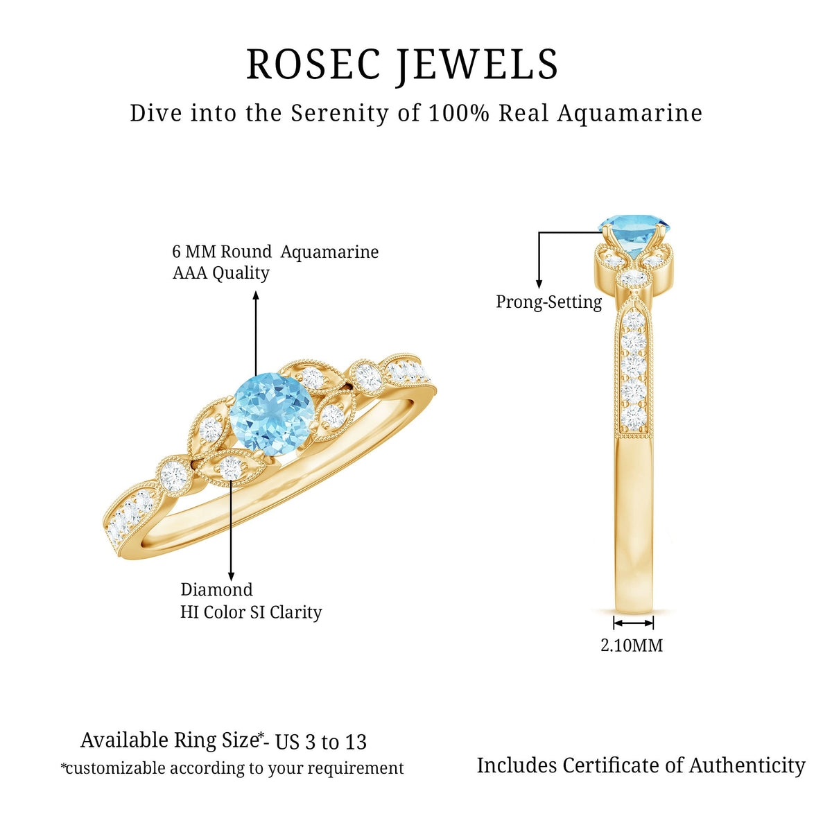 Natural aquamarine diamond engagement ring by Rosec Jewels featuring a large aquamarine center stone and diamond accents.