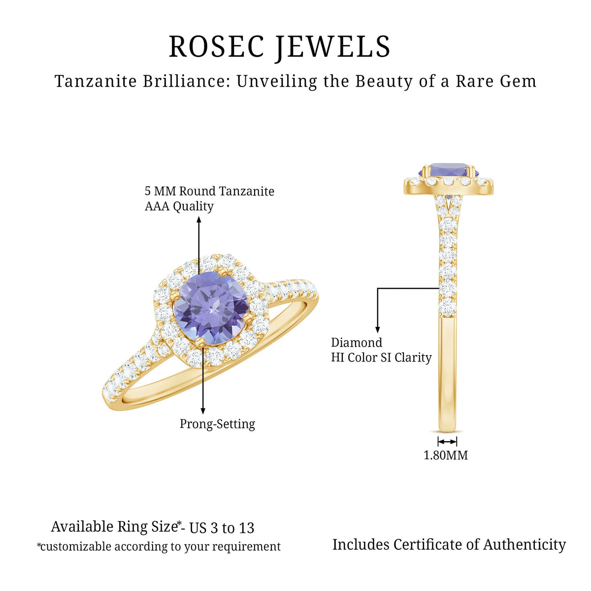 Genuine Tanzanite Halo Engagement Ring with Diamond