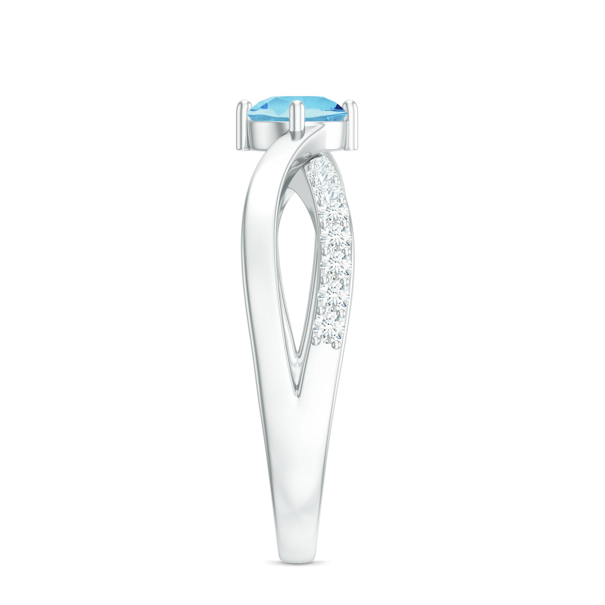 Genuine aquamarine engagement ring with diamond infinity shank from Rosec Jewels, featuring a central blue aquamarine gemstone and sparkling diamonds.
