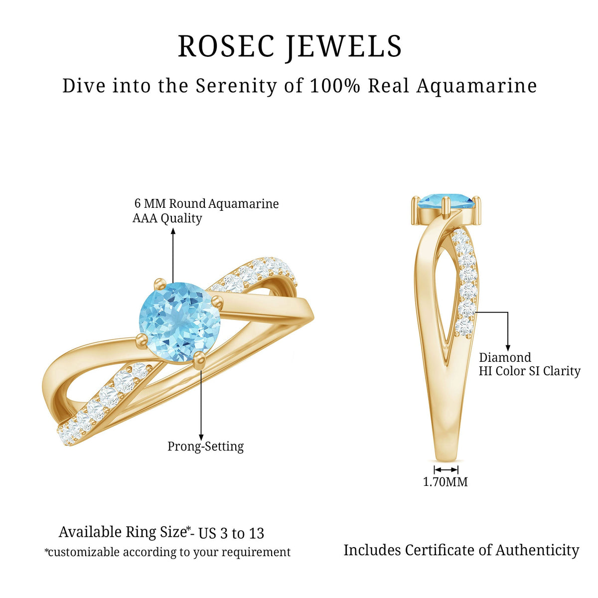 Genuine aquamarine engagement ring with diamond infinity shank, featuring a large central aquamarine stone and intricate band design.