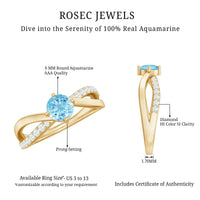 Genuine aquamarine engagement ring with diamond infinity shank, featuring a large central aquamarine stone and intricate band design.