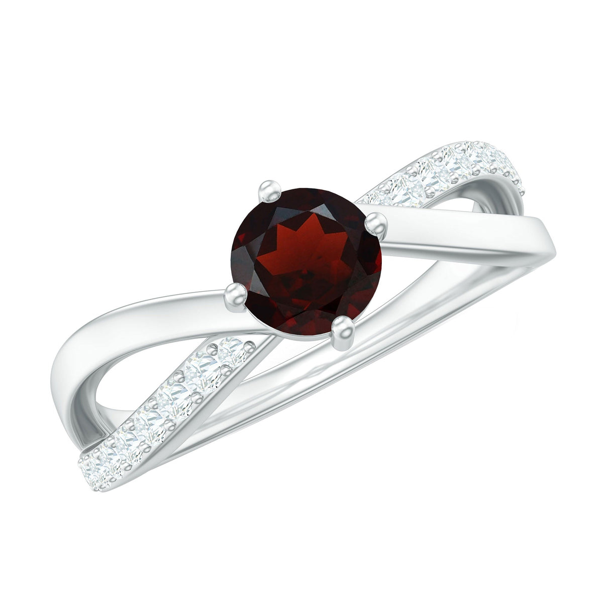 Natural garnet engagement ring with diamond infinity shank, featuring a rose gold band and intricate detailing from Rosec Jewels.