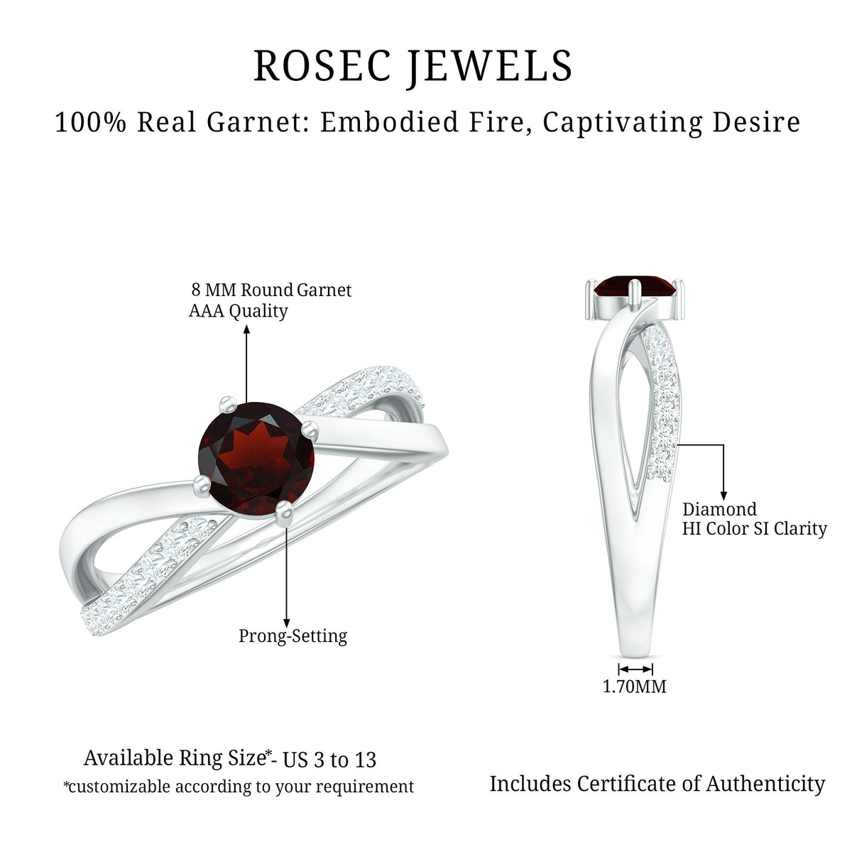 Natural garnet engagement ring with diamond infinity shank from Rosec Jewels, featuring a vibrant garnet gemstone and intricate band design.