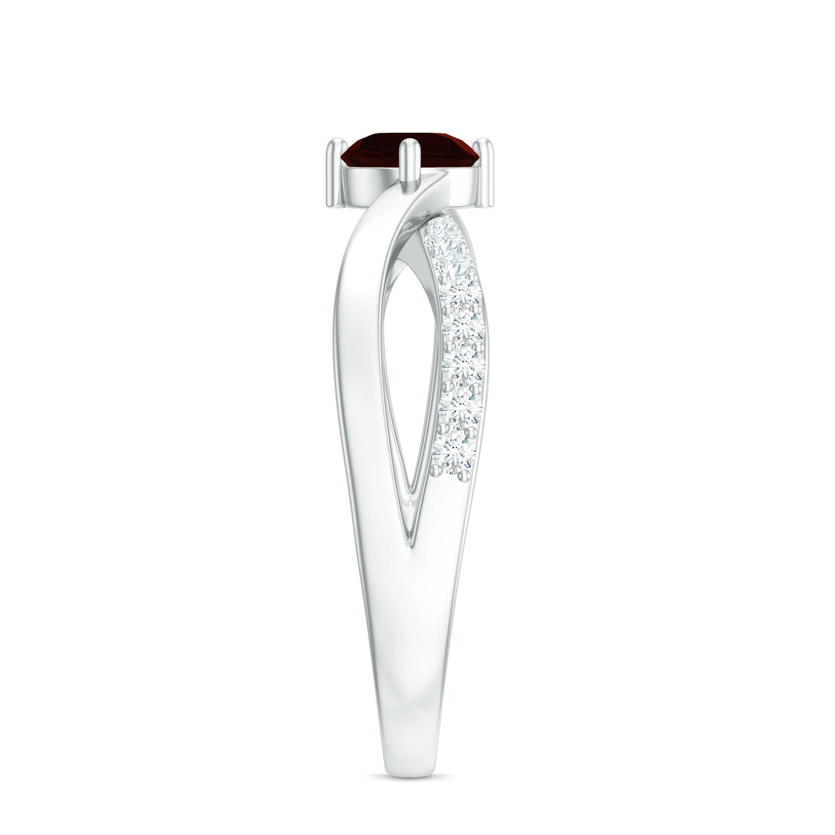 Natural garnet engagement ring with diamond infinity shank from Rosec Jewels, showcasing the detailed design and sparkling stones.