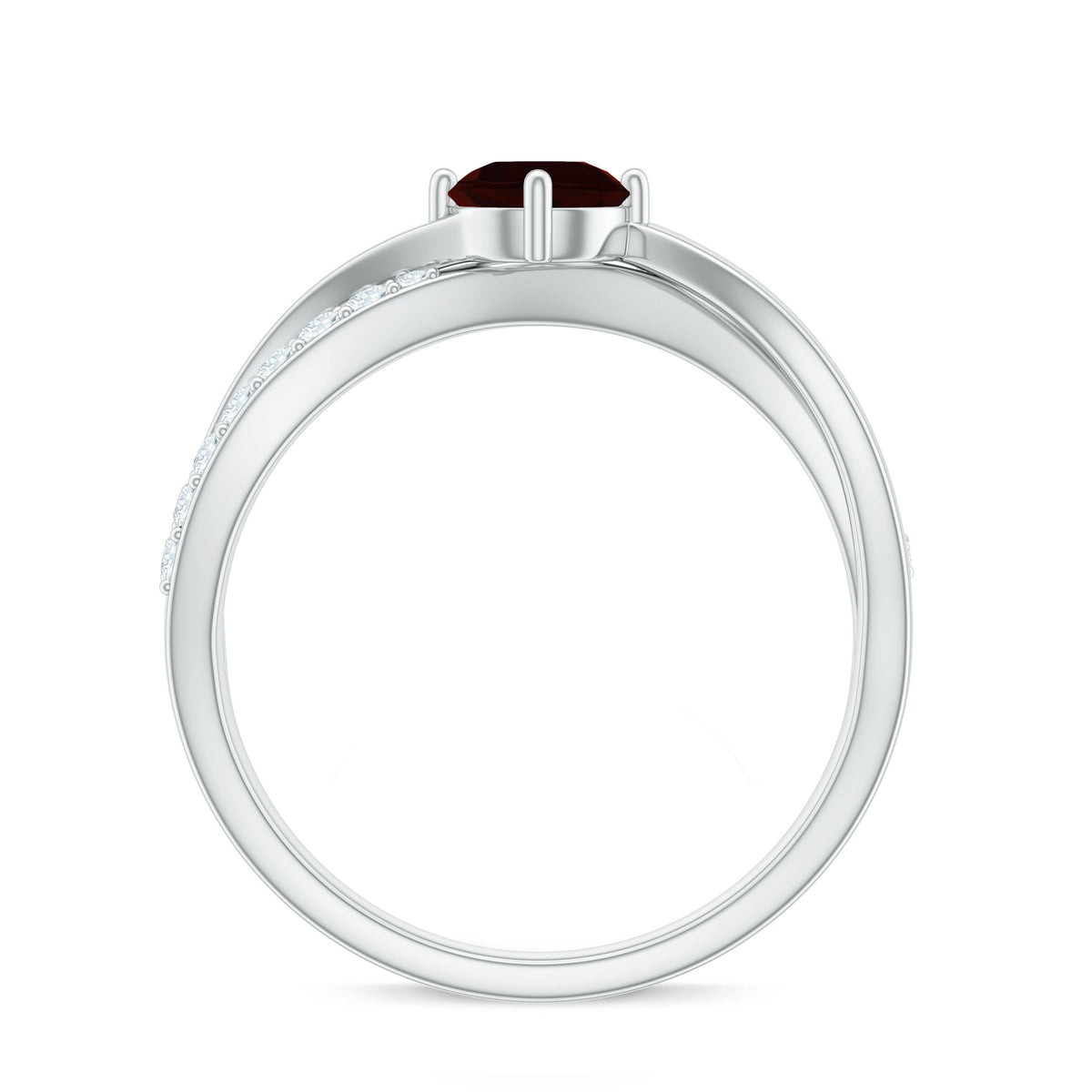Natural garnet engagement ring with diamond infinity shank by Rosec Jewels, showcasing a vibrant garnet gemstone and intricate band design.