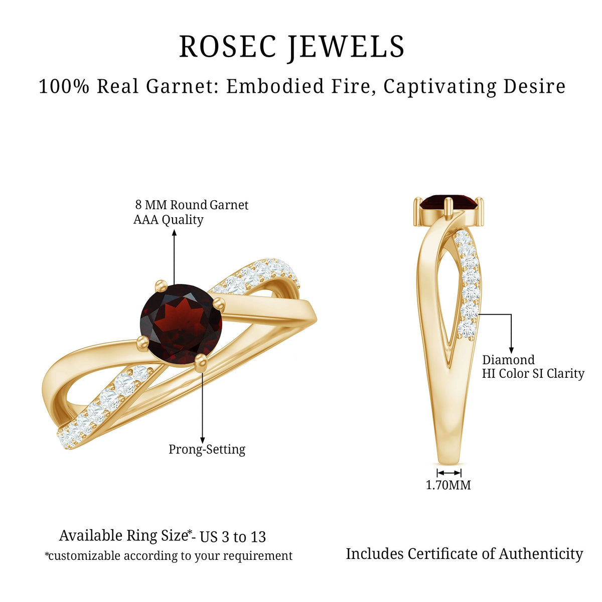 Natural garnet engagement ring with diamond infinity shank from Rosec Jewels, featuring a vibrant garnet gemstone and intricate design.